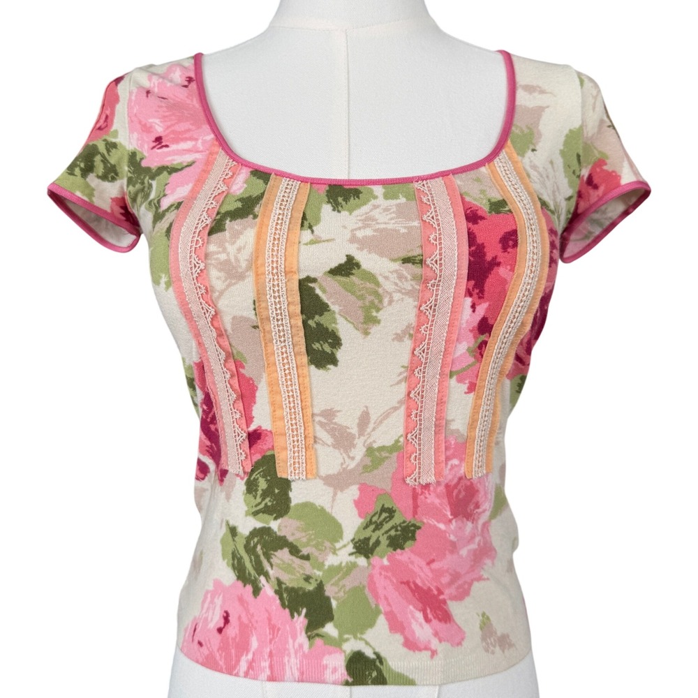 Blumarine Y2K Floral Lace Knit Top Size S Pink Rose Made in Italy